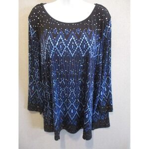 Bob Mackie's Long sleeve Placement Print Knit Top Blue 3X A298684
